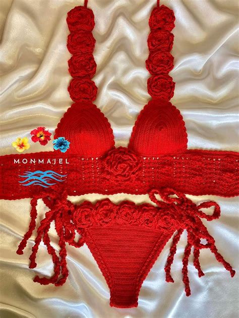 Red Rose Bikini Set Crochet Bathing Suit Crochet Swimsuit Swimwear Bridal Outfits Gypsy