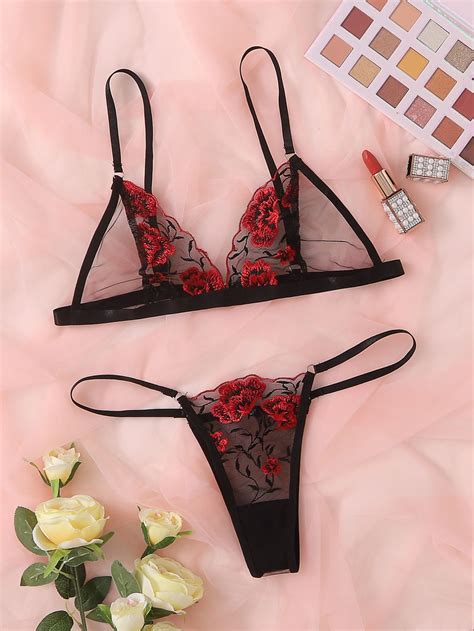 Floral Embroidered Mesh Lingerie Set