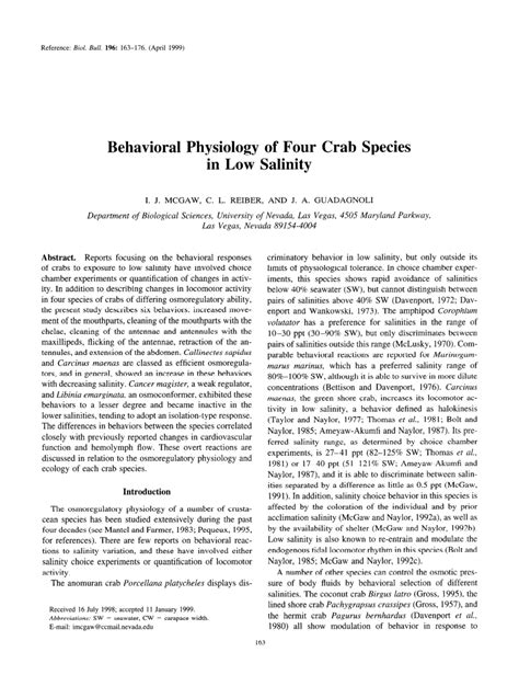 (PDF) Behavioral Physiology of Four Crab Species in Low Salinity