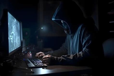 Hacker Encapuzado Usando Computador Em Sala Escura Conceito De