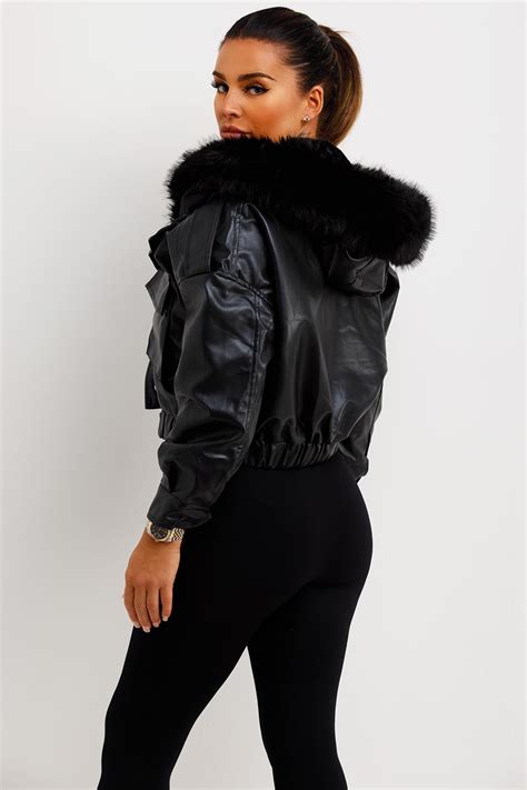 Womens Faux Leather Bomber Jacket With Faux Fur Hood Black Styledup