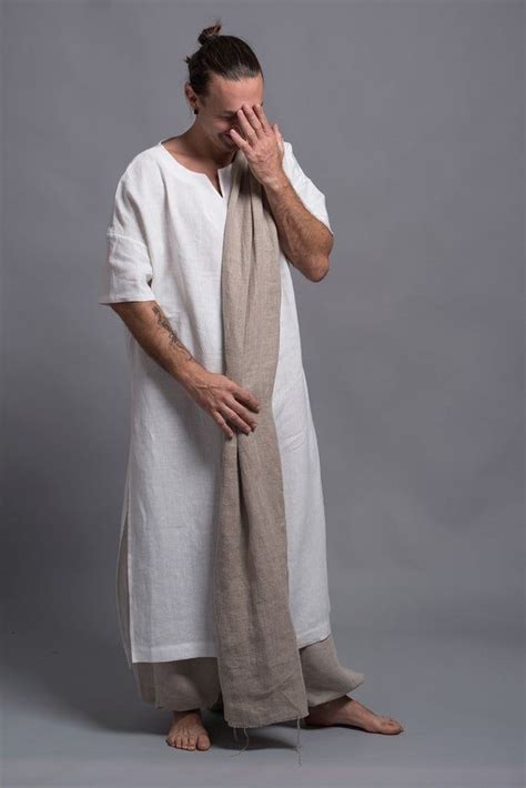 Long Linen Shirt For Men White Flax Tunic Mens Dress Kaftan Festival