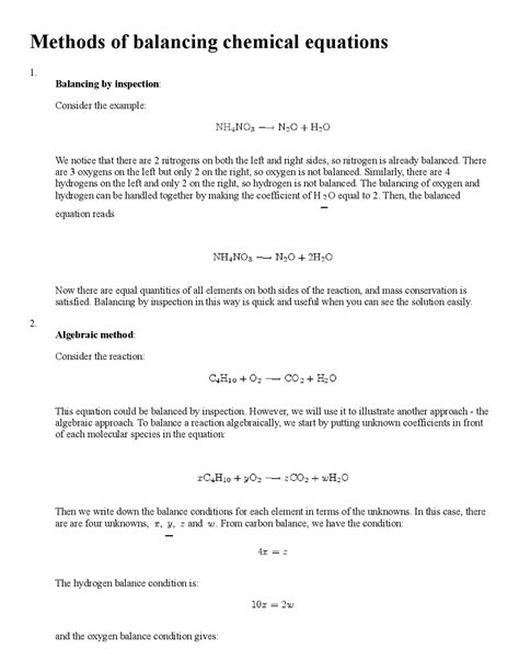 Methods of balancing chemical equations | Lecture notes Law | Docsity