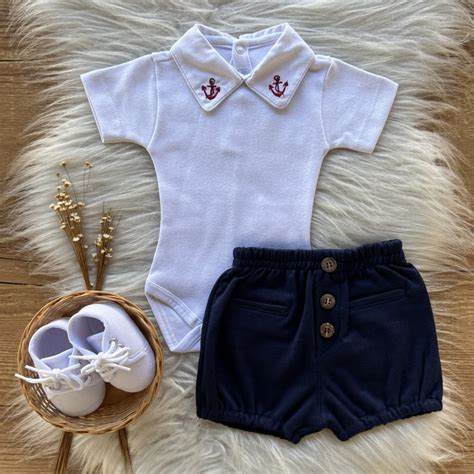 Conjunto Bebe Short E Body Em Algod O Pima Bordado Ncora Vermelho E