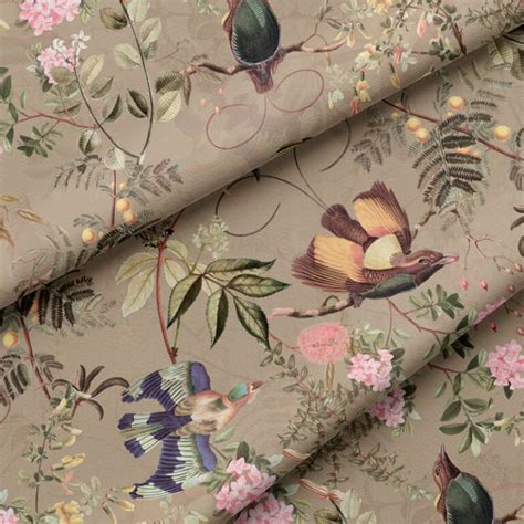 Vintage Tropical Birds Jungle Brown Fabric Robin Sprong Wallpapers