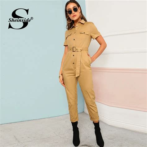 Sheinside Khaki Slant Pocket Jumpsuit Women 2019 Summer Short Sleeve