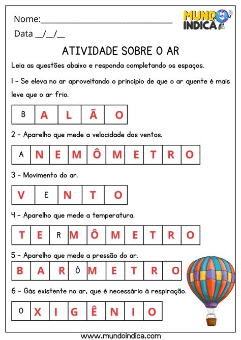 Atividades Sobre O Ar 3 Ano - 20 Atividades de Ciências para 3 ano Ensino Fundamental com Respostas