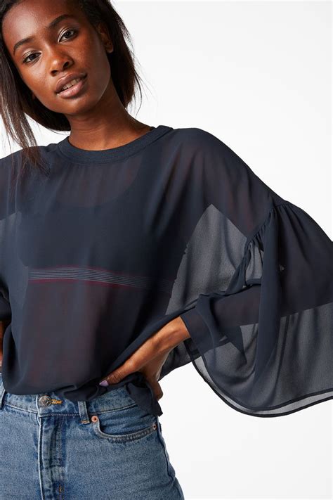 Monki Image 2 Of Sheer Top With Ruffled Sleeves In Blue Reddish Dark