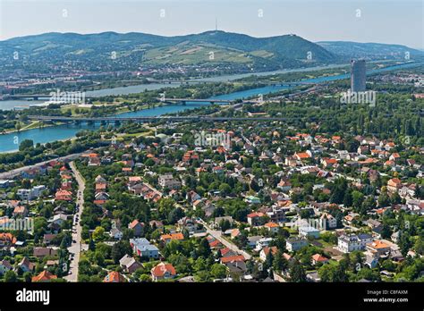 View from the Danube tower over the Danube River towards Vienna ...