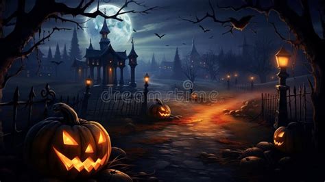 Halloween Design Background With Spooky Graveyard Naked Trees Graves And Bats And Copyspace
