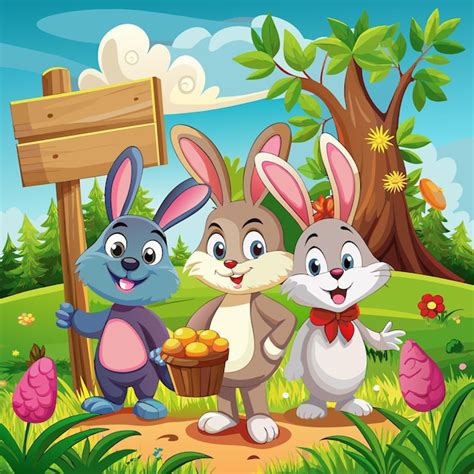 Premium Vector A Cartoon Illustration Of Three Rabbits And A Sign