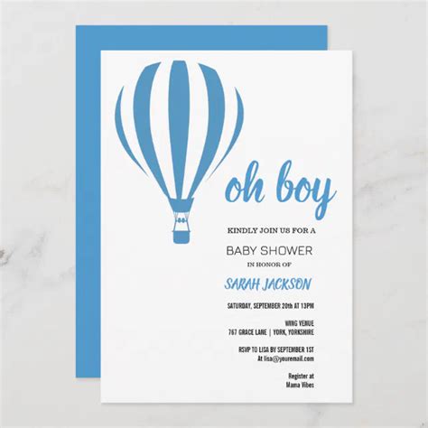Oh Boy Blue Hot Air Balloon Baby Shower Invitation Zazzle