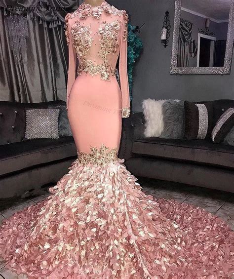 Gorgeous Long Sleeve Mermaid African Pink Prom Dresses 2019 For Black