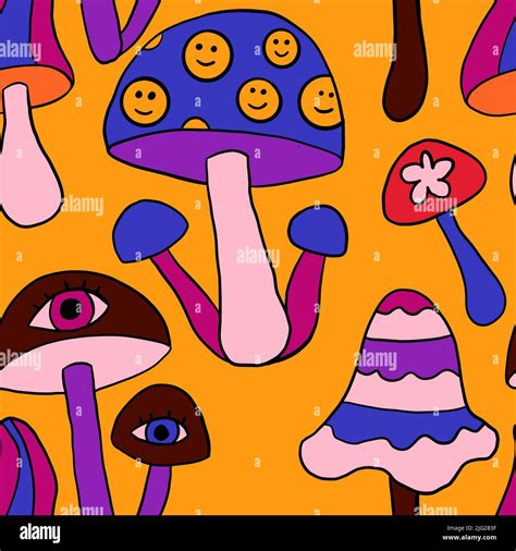 Seamless Hand Drawn Pattern With Hippie Groovy Mushrooms In Orange