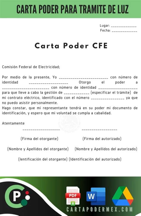 Carta Poder para Trámite de Luz Ejemplos Word PDF 2024