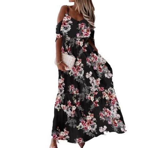 Femmes Robe Longue Dété Style Bohémien Coupe Basse épaules Black