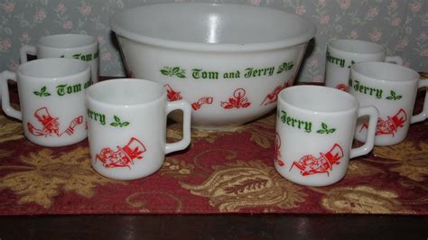 VINTAGE HAZEL ATLAS TOM AND JERRY PUNCH BOWL WITH CUPS SET 6 CUPS AND ...