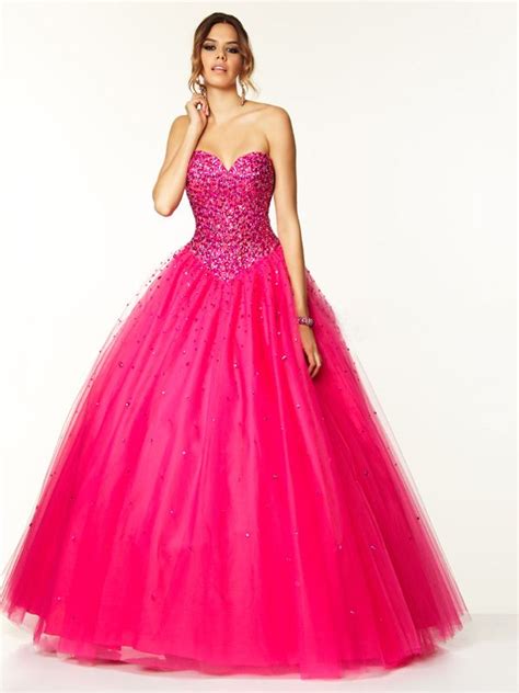 Sweetheart Fuchsia Beaded Lace Up Corset Tulle Ball Gown Prom Dresses