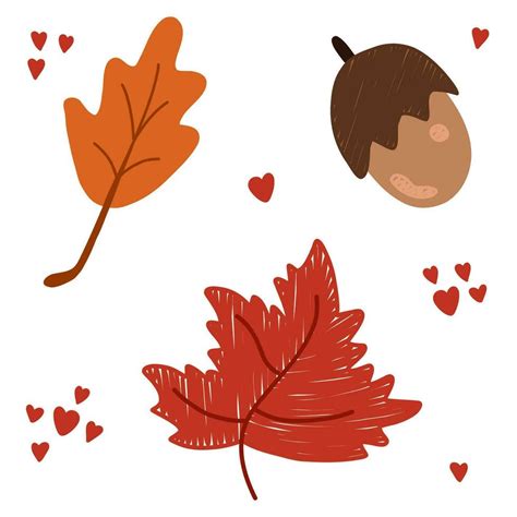 Set Of Cozy Autumn Symbols Cute Acorn Fall Leaves Of Maple And Other Trees Hygge Isolated