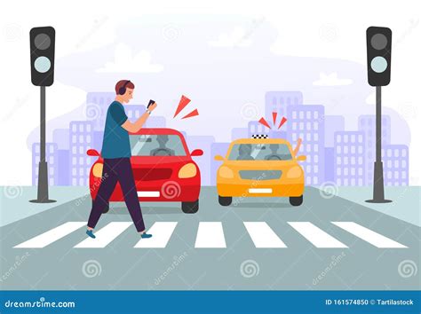 Crosswalk Accident. Pedestrian with Smartphone and Headphones Crossing ...