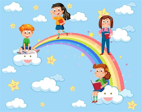 Happy Kids In In The Sky With Rainbow 12252284 Vector Art At Vecteezy