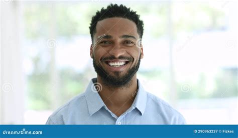 Headshot Portrait Happy Handsome Millennial African Man Looking At