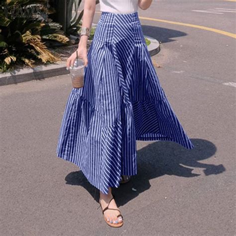 Zanzea Women Elegant Skirts 2021 Summer Striped Maxi Skirts Casual