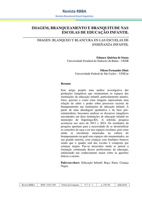 Pdf Imagem Branqueamento E Branquitude Nas Escolas De Educa O Infantil