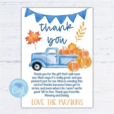 Editable Fall Baby Shower Thank You Card Pumpkin Boy Baby Shower Thank