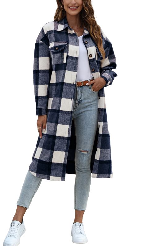 Fantaslook Women S Flannel Plaid Shacket Jacket Coat With Pockets Button Up Long Shirt