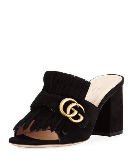 Gucci Marmont Fringed Logo Embellished Suede Mules In Black Modesens