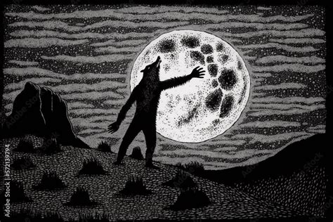 Storybook Folk Art Style Black and White Illustration of a Werewolf ...