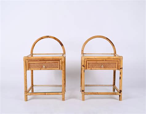 Pair Of French Riviera Nightstands In Bamboo Rattan And Straw Italy