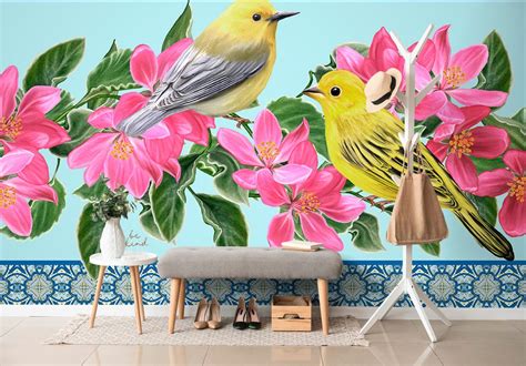 Papier Peint Oiseaux Et Fleurs Dans Un Design Vintage Dovido Sk