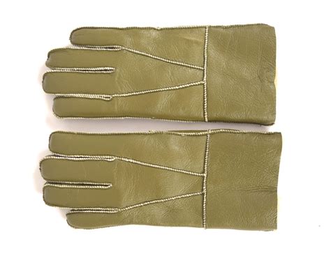 Ladies Olive Green Leather Merino Shearling Sheepskin Luxury Gloves A