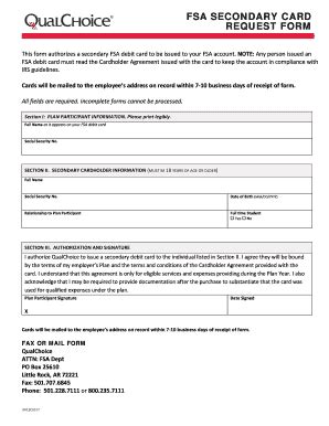 Fillable Online FSA SECONDARY CARD REQUEST FORM Qual Choice Fax Email