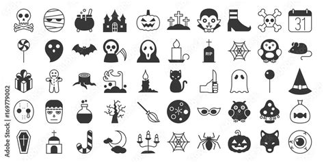 Big set of Halloween silhouette icon, include monster such as angle of death, Dracula, mask of ...