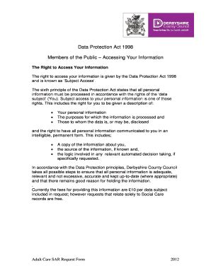 Fillable Online Sar Application Form Derbyshire County Council Fax