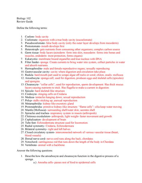 BIO 102 Unit 3 Review Guide With Answers Biology 102 Review Guide