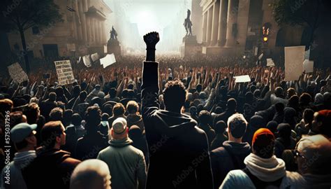 Protesting crowd people on city street with raised fist rear view, anti ...