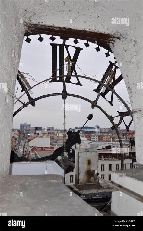 Damaged Tower Clock Windstorm Repair Green Gate Pardubice Stock