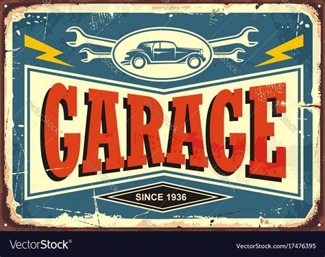 Vintage Garage Sign With Car Image And Wrench Tools Car Service And