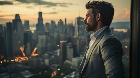 Thoughtful man looking out at city skyline 29564242 Stock Photo at Vecteezy