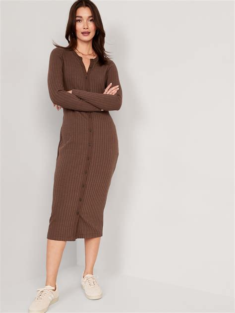 Fitted Rib Knit Midi Button Front Dress Old Navy