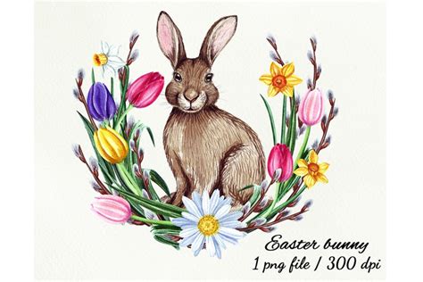 Easter Bunny Flowers Pussy Willow Watercolor Png