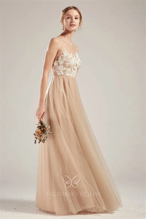 Illusion Neck Sleeveless A Line Nude Wedding Party Dress Vq