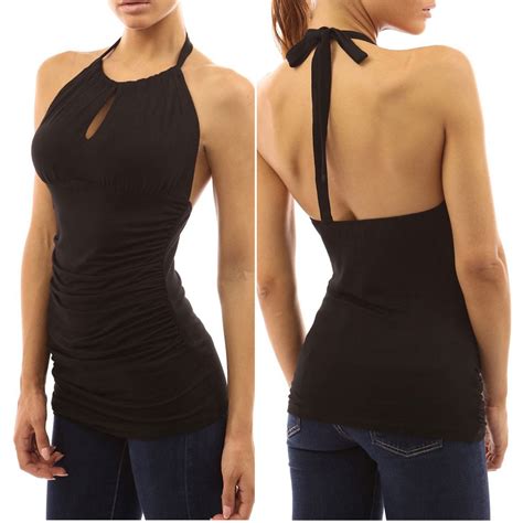 Womens Open Back Key Hole Halter Blouse Shirt Tank Top Evening Cocktail Top New