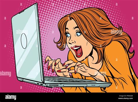 Frau Tippen Auf Laptop Tastatur Comic Cartoon Pop Art Retro Vektor