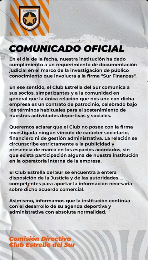 Causa Sur Finanzas: el comunicado oficial del Club Estrella del Sur