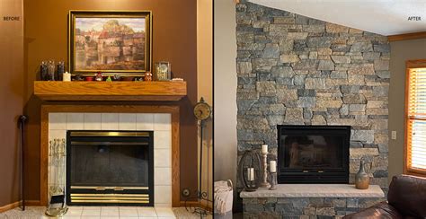 Interior stone veneer modern rustic living room fireplace transformation Buechel Stone